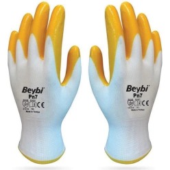 Beybi Pn7 Polyester Örme Nitril Iş Eldiveni Sarı – Beyaz 1 Çift