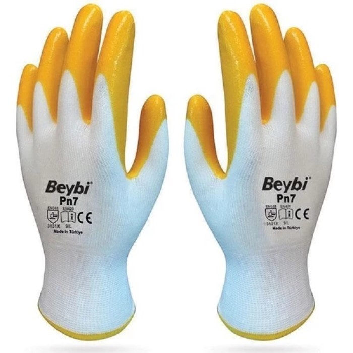 Beybi Pn7 Polyester Örme Nitril Iş Eldiveni Sarı – Beyaz 1 Çift